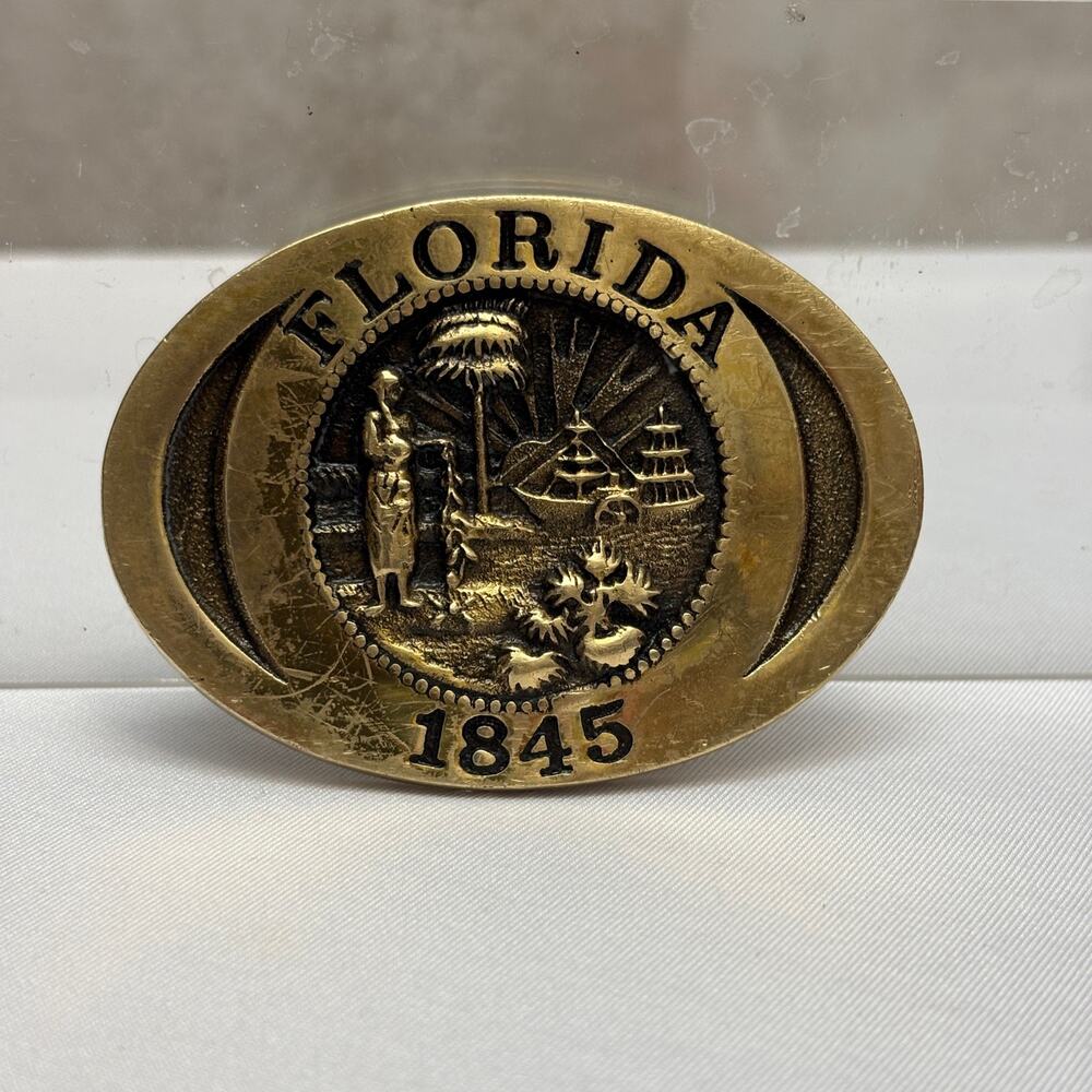 Vintage Florida 1845 Solid Brass Heritage Mint Belt Buckle